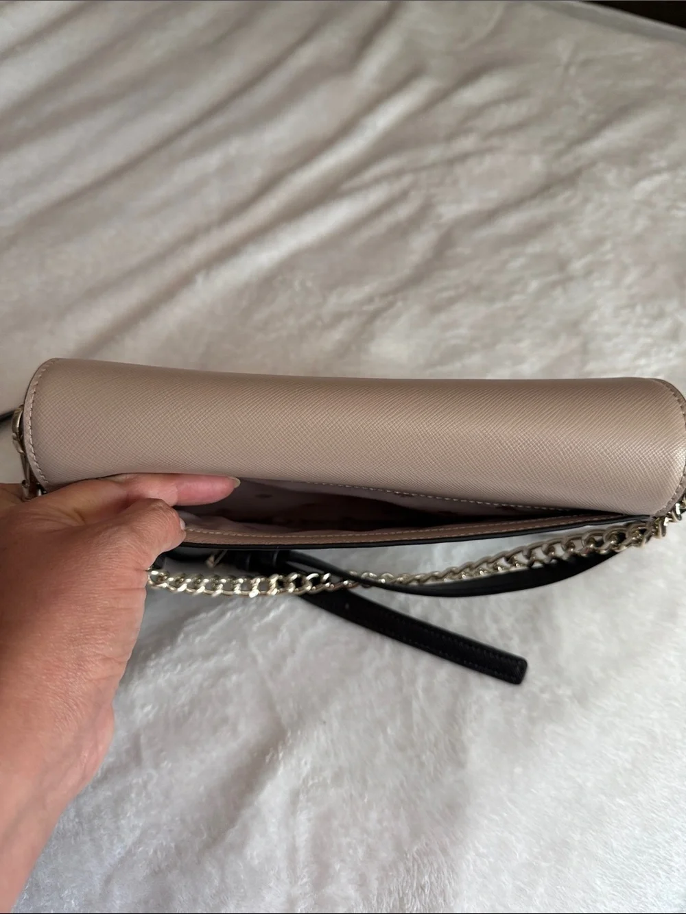 Kate Spade Beige and White Saffiano Leather Crossbody with Black Strap